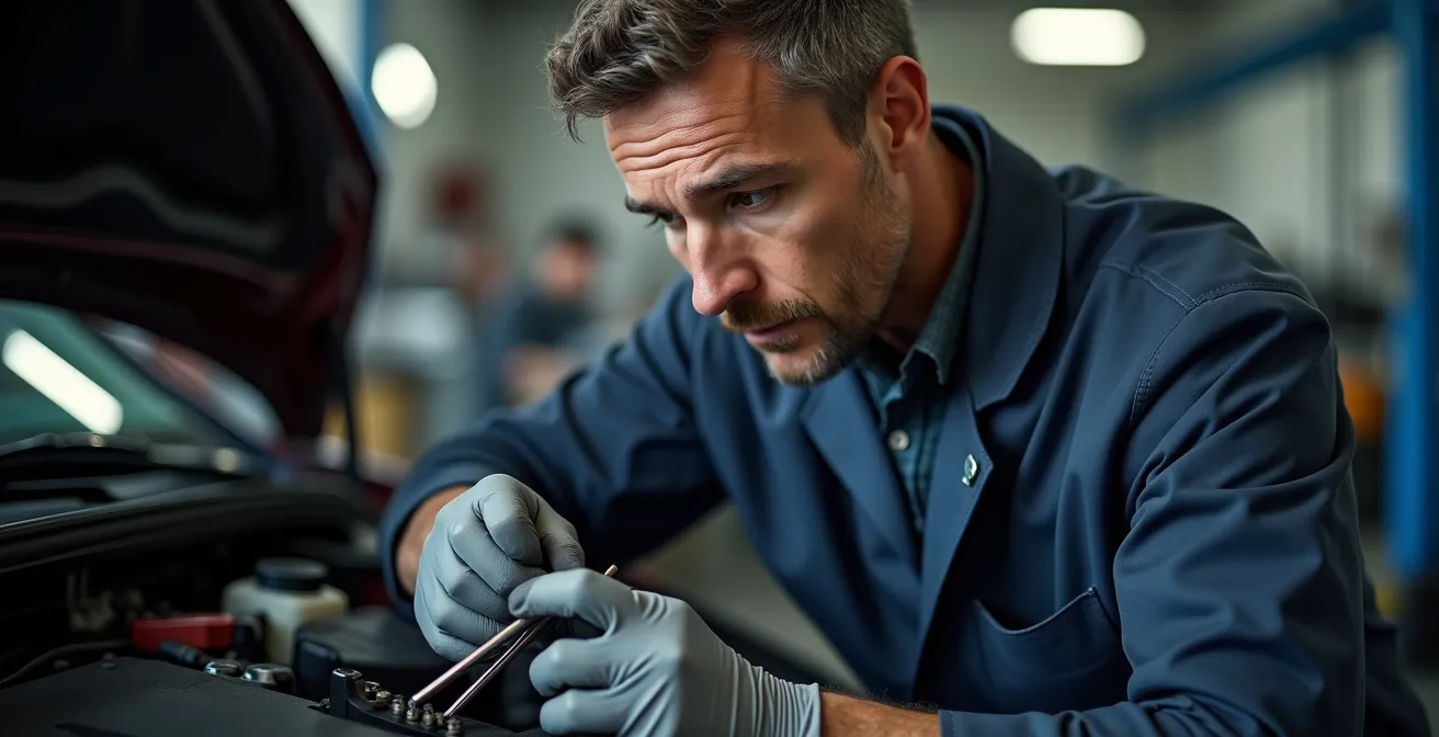 Technicien expert examinant une pièce automobile avec concentration professionnelle