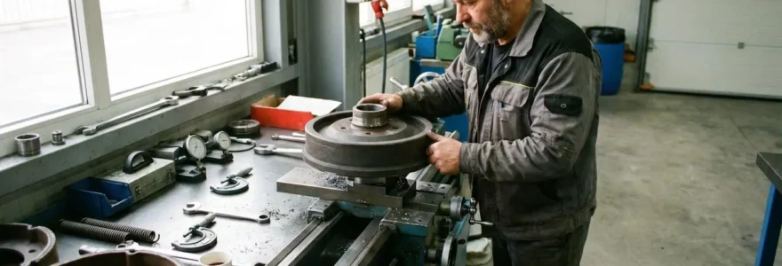 Technicien en atelier industriel reconditionnant une pièce de frein automobile sur établi métallique