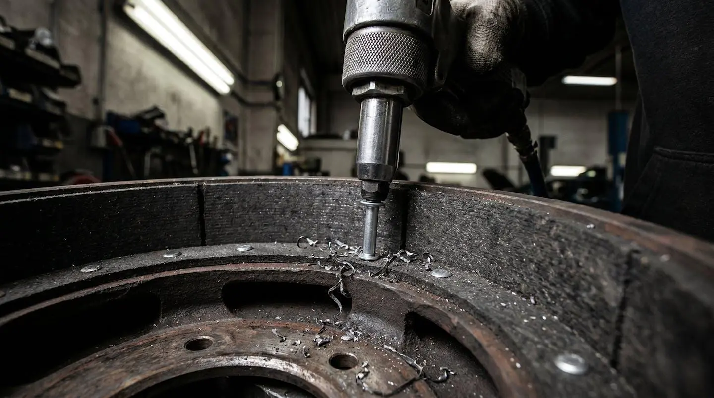 Gros plan sur une garniture de frein en cours de rivetage sur un tambour métallique dans un atelier spécialisé