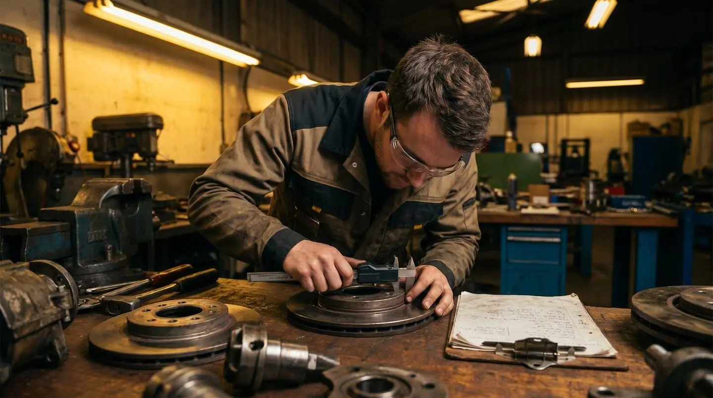 Technicien mesurant au pied à coulisse un disque de frein remanufacturé dans un atelier de contrôle qualité