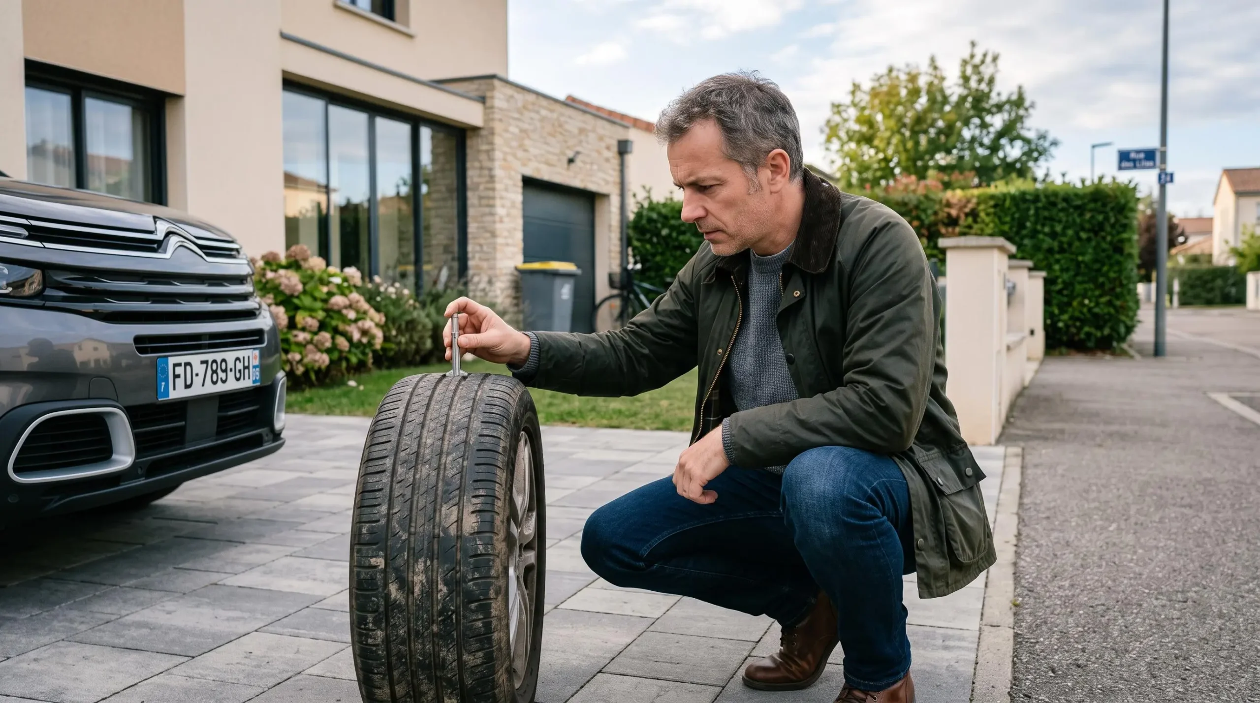 Automobiliste accroupi vérifiant la profondeur des sculptures d'un pneu de voiture avec une jauge de mesure dans une allée résidentielle