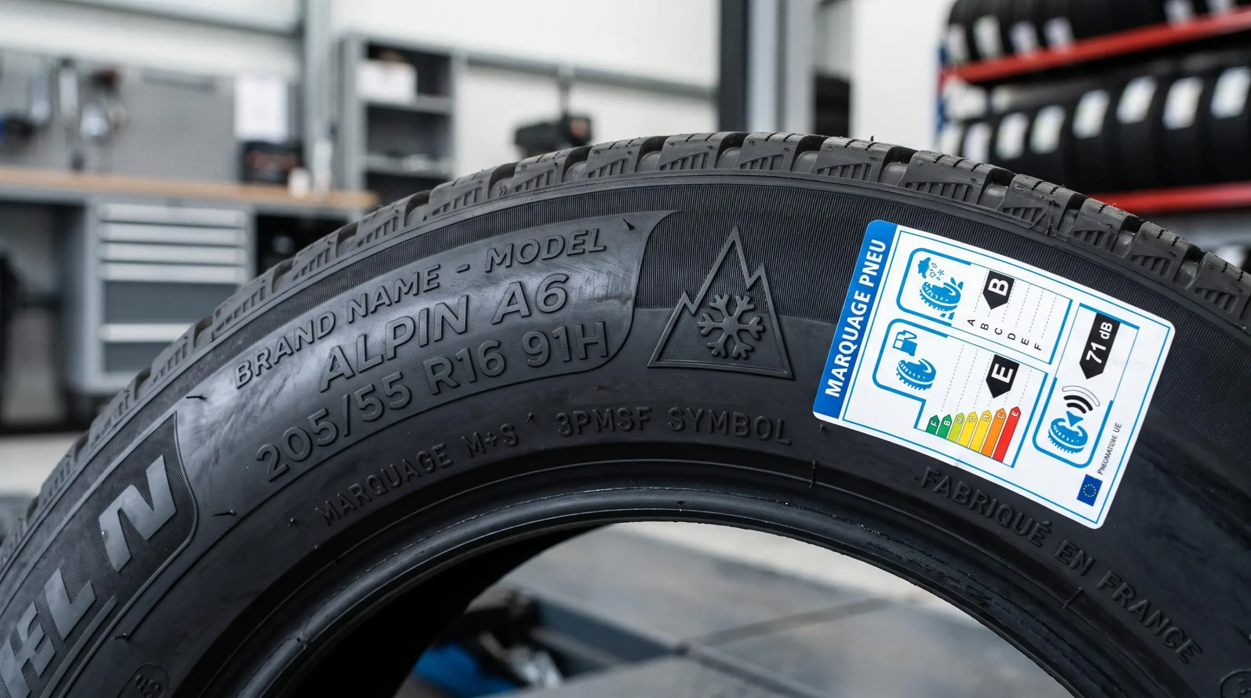 Gros plan sur le flanc d'un pneu automobile neuf montrant le symbole 3PMSF gravé (montagne à trois pics avec flocon) et l'étiquetage européen de performance