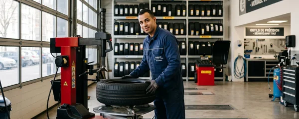 Technicien automobile en vêtement de travail manipulant un pneu dans un garage professionnel moderne avec machine de montage et étagères de stockage en arrière-plan