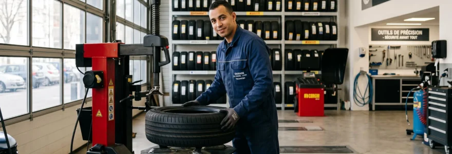 Technicien automobile en vêtement de travail manipulant un pneu dans un garage professionnel moderne avec machine de montage et étagères de stockage en arrière-plan