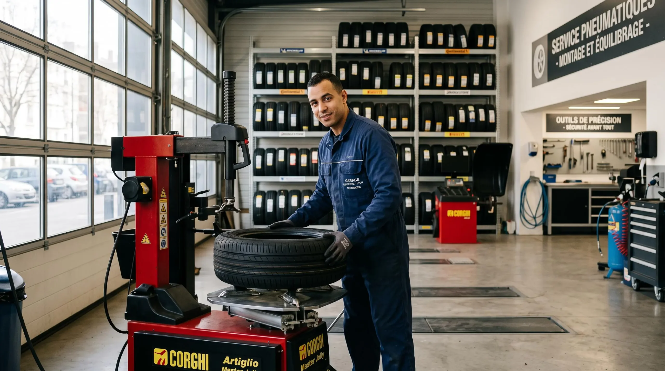 Technicien automobile en vêtement de travail manipulant un pneu dans un garage professionnel moderne avec machine de montage et étagères de stockage en arrière-plan