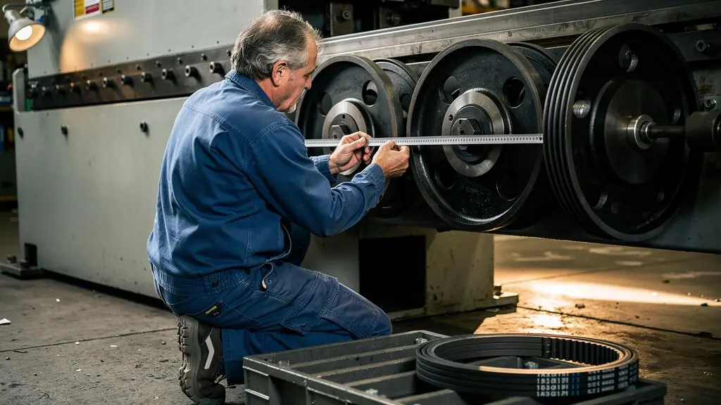 Un technicien pose une règle métallique en appui sur deux poulies pour vérifier leur alignement avant remontage.