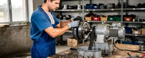 Un technicien de maintenance monte une courroie trapézoïdale neuve sur la poulie d'un motoréducteur dans un atelier.