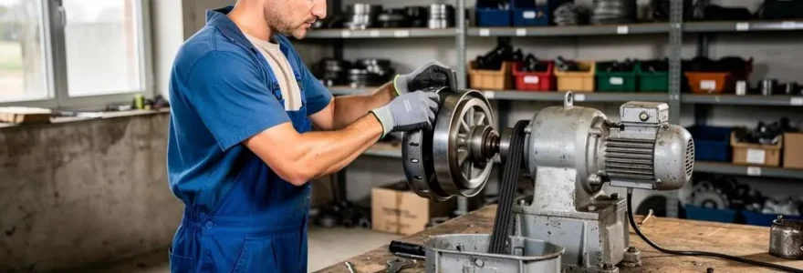 Un technicien de maintenance monte une courroie trapézoïdale neuve sur la poulie d'un motoréducteur dans un atelier.